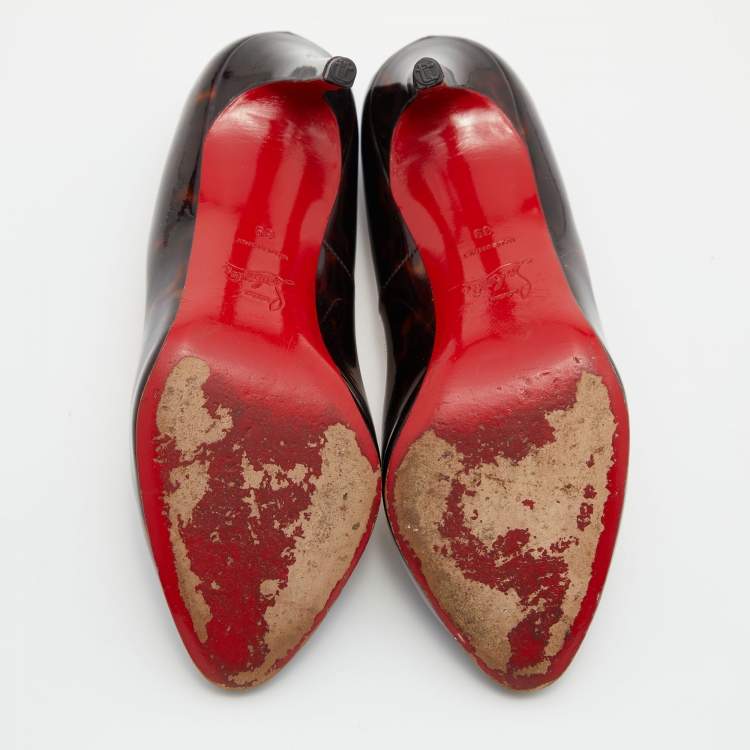 Pre Owned Christian Louboutin Brown Leopard Print Patent Leather Simple Round Toe Pumps Size 39