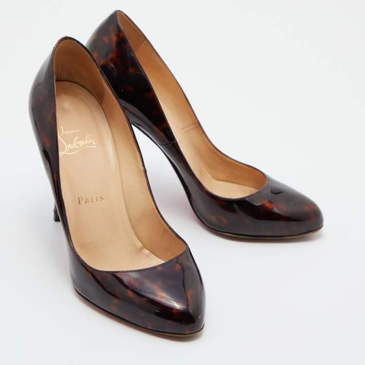 Pre Owned Christian Louboutin Brown Leopard Print Patent Leather Simple Round Toe Pumps Size 39