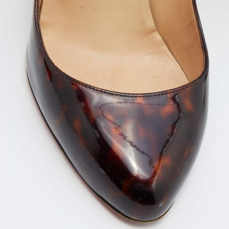 Pre Owned Christian Louboutin Brown Leopard Print Patent Leather Simple Round Toe Pumps Size 39