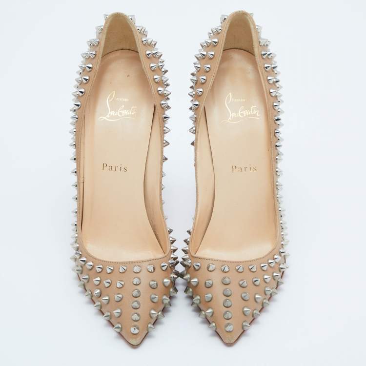 Pre Owned Christian Louboutin Beige Leather Pigalle Spikes Pumps Size 38.5