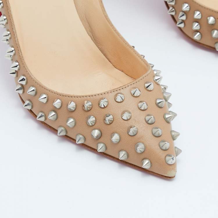 Pre Owned Christian Louboutin Beige Leather Pigalle Spikes Pumps Size 38.5
