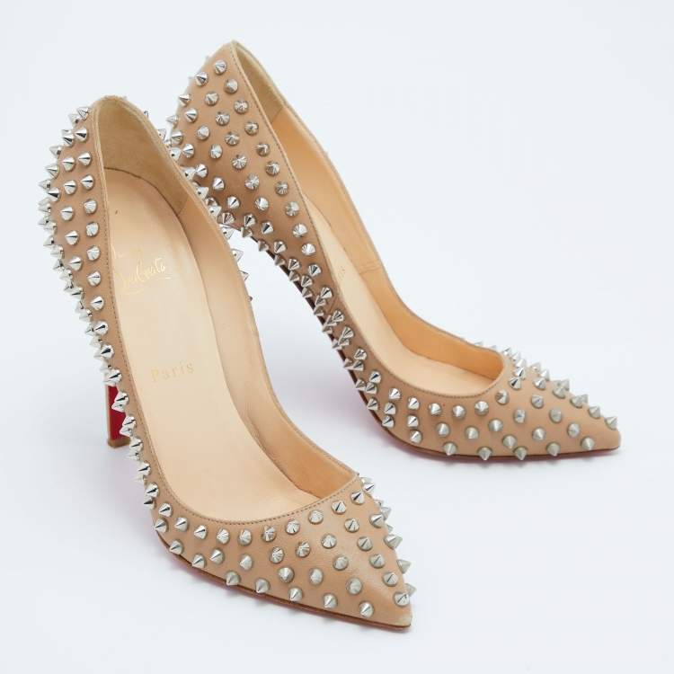 Pre Owned Christian Louboutin Beige Leather Pigalle Spikes Pumps Size 38.5