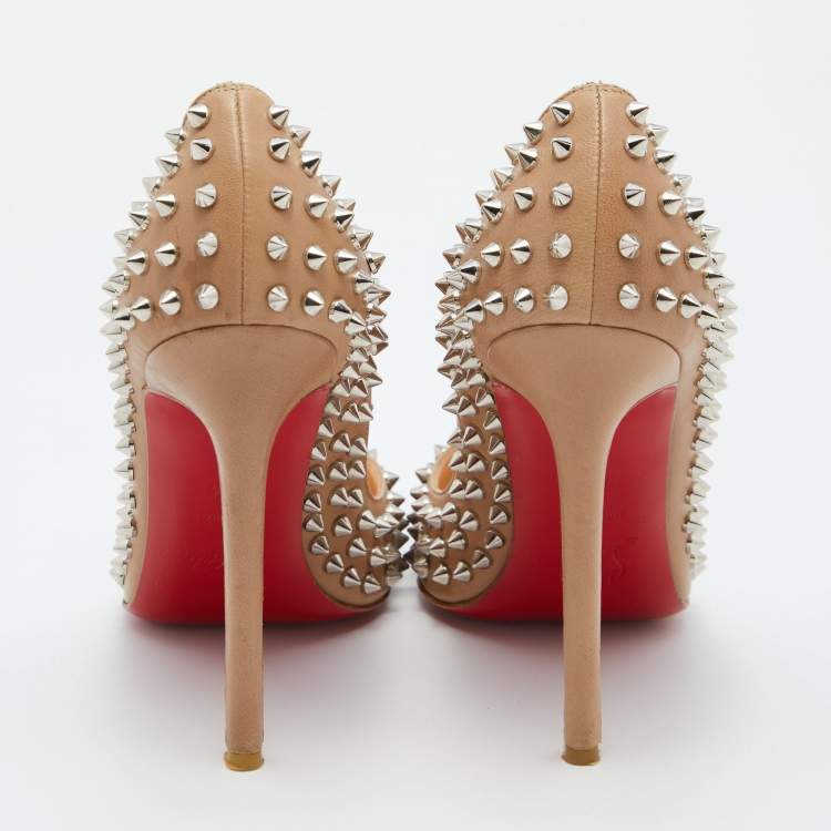 Pre Owned Christian Louboutin Beige Leather Pigalle Spikes Pumps Size 38.5