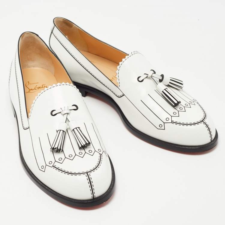 Pre Owned Christian Louboutin White/Black Leather Trompinetta Loafers Size 38.5