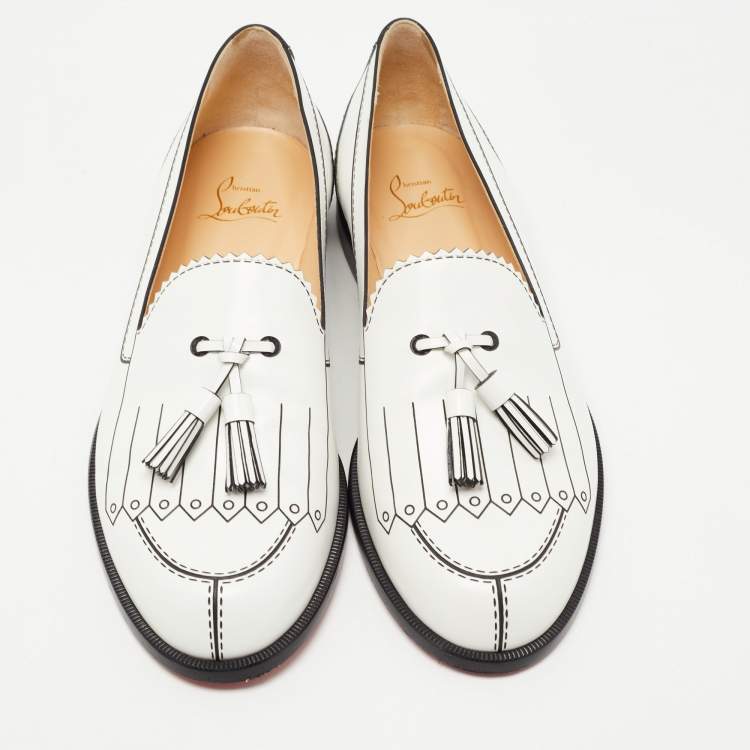Pre Owned Christian Louboutin White/Black Leather Trompinetta Loafers Size 38.5
