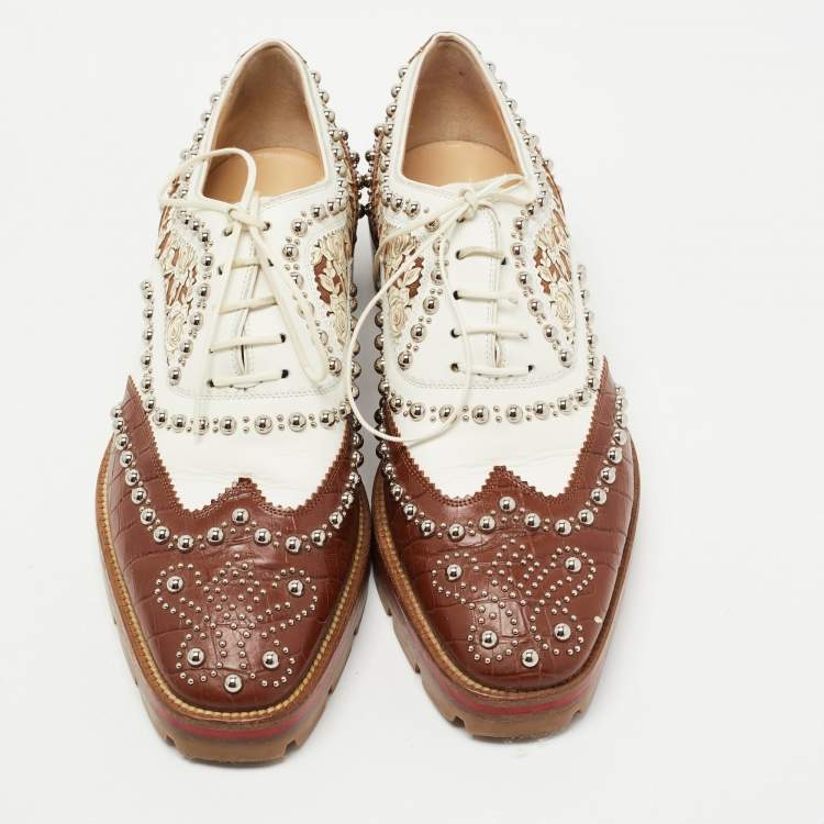 Pre Owned Christian Louboutin Brown/White Croc Embossed and Leather Cappadonna Oxfords Size 36