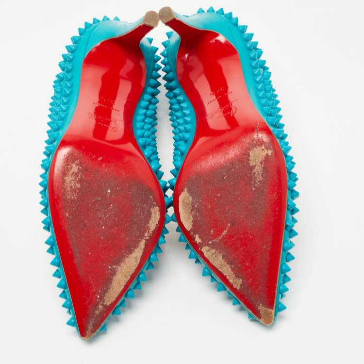 Pre Owned Christian Louboutin Blue Leather Pigalle Spikes Pumps Size 37.5