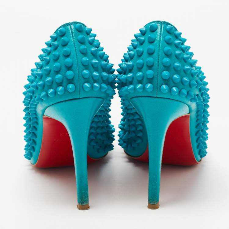 Pre Owned Christian Louboutin Blue Leather Pigalle Spikes Pumps Size 37.5