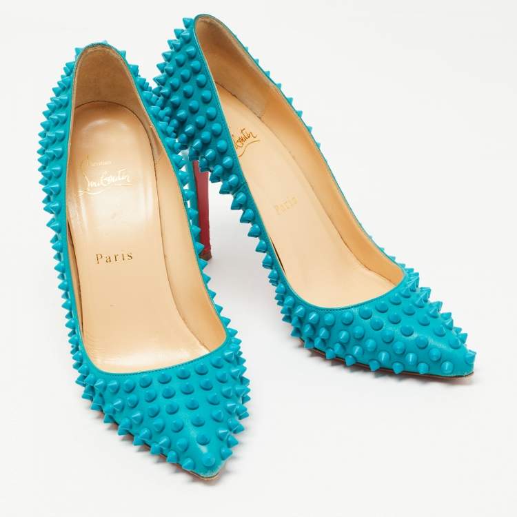 Pre Owned Christian Louboutin Blue Leather Pigalle Spikes Pumps Size 37.5