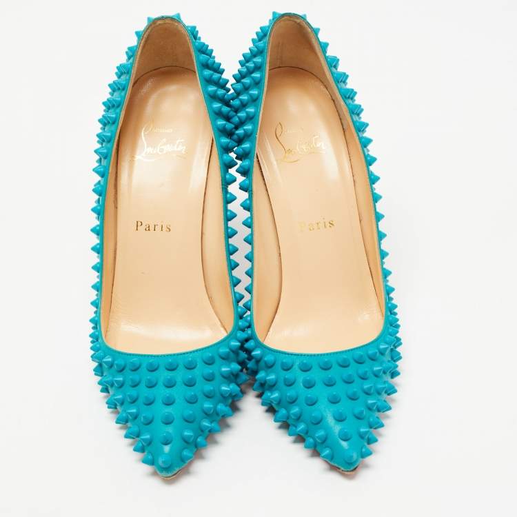 Pre Owned Christian Louboutin Blue Leather Pigalle Spikes Pumps Size 37.5