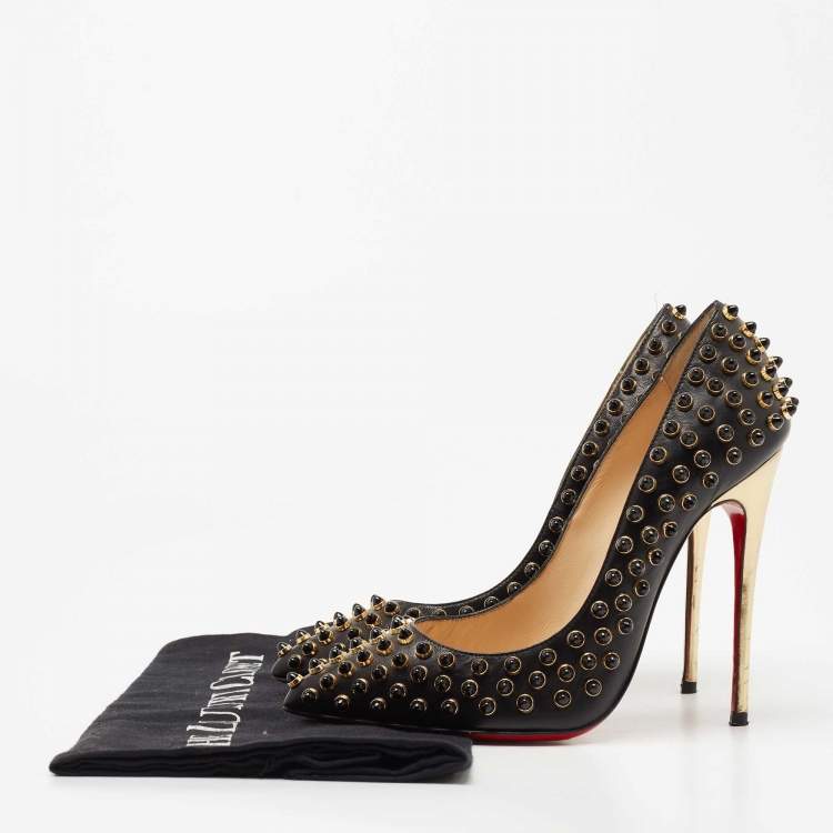 Pre Owned Christian Louboutin Black Leather Studded Follies Cabo Pumps Size 34.5