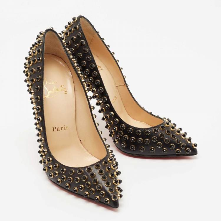 Pre Owned Christian Louboutin Black Leather Studded Follies Cabo Pumps Size 34.5