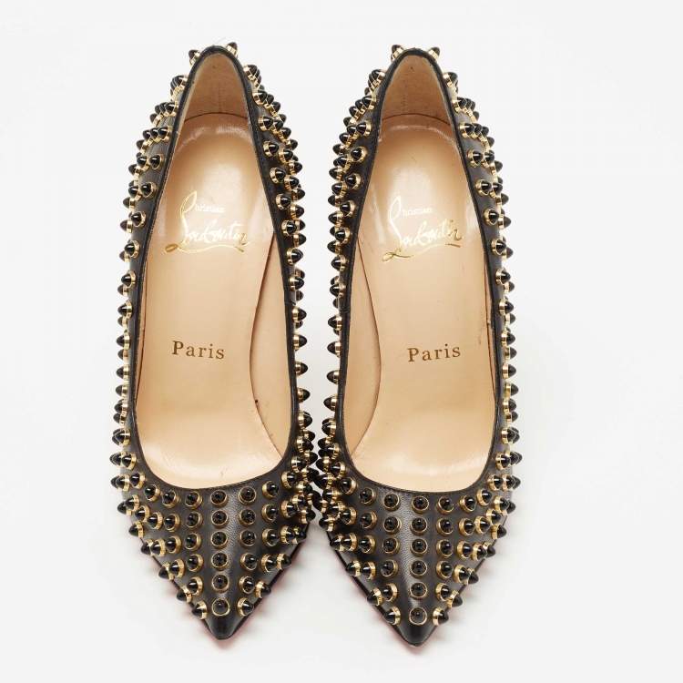 Pre Owned Christian Louboutin Black Leather Studded Follies Cabo Pumps Size 34.5