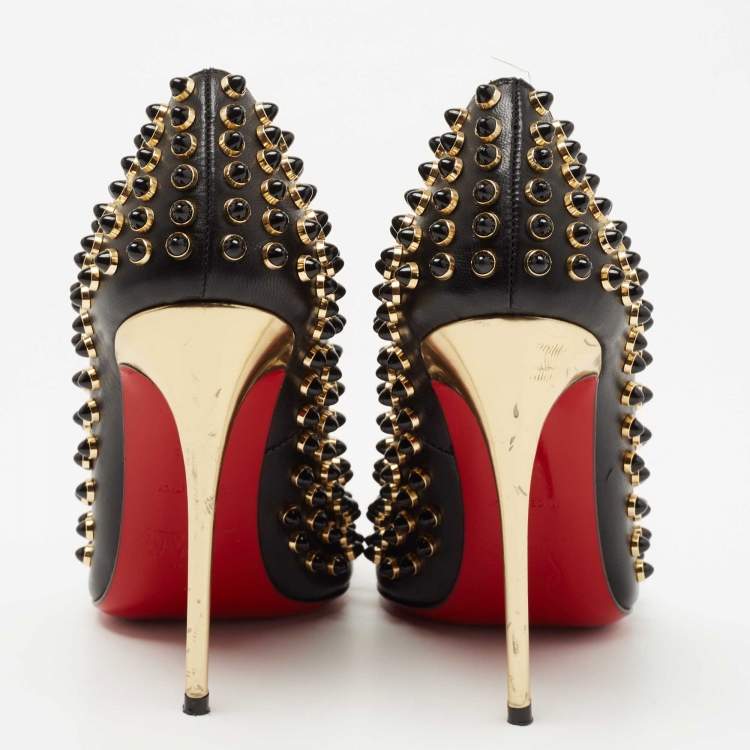 Pre Owned Christian Louboutin Black Leather Studded Follies Cabo Pumps Size 34.5