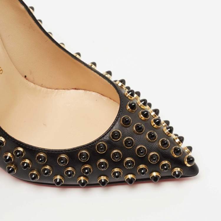 Pre Owned Christian Louboutin Black Leather Studded Follies Cabo Pumps Size 34.5