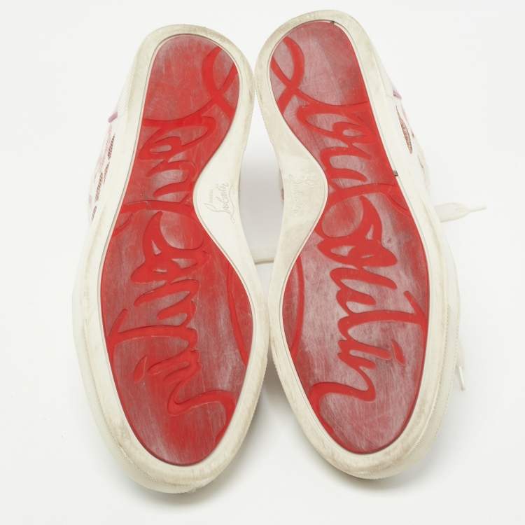 مملوكة مسبقًا Christian Louboutin Purple/White Patent Leather and Lips Print Canvas Gondola Strass Sneakers Size 41