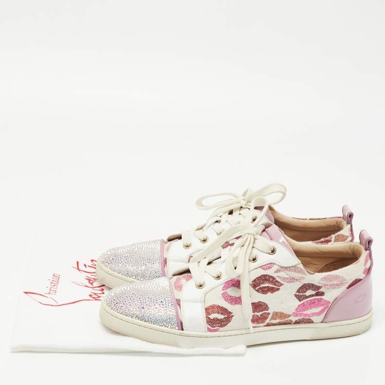 مملوكة مسبقًا Christian Louboutin Purple/White Patent Leather and Lips Print Canvas Gondola Strass Sneakers Size 41