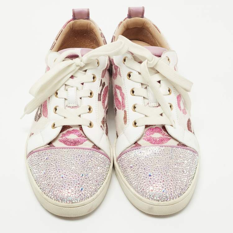 مملوكة مسبقًا Christian Louboutin Purple/White Patent Leather and Lips Print Canvas Gondola Strass Sneakers Size 41