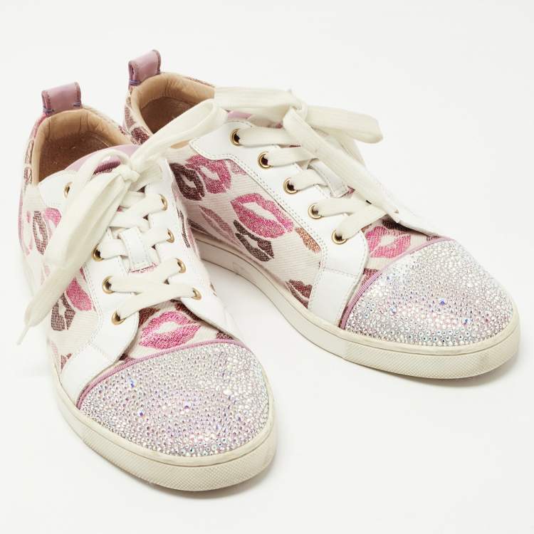 مملوكة مسبقًا Christian Louboutin Purple/White Patent Leather and Lips Print Canvas Gondola Strass Sneakers Size 41