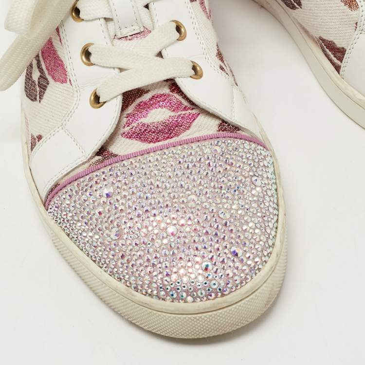مملوكة مسبقًا Christian Louboutin Purple/White Patent Leather and Lips Print Canvas Gondola Strass Sneakers Size 41