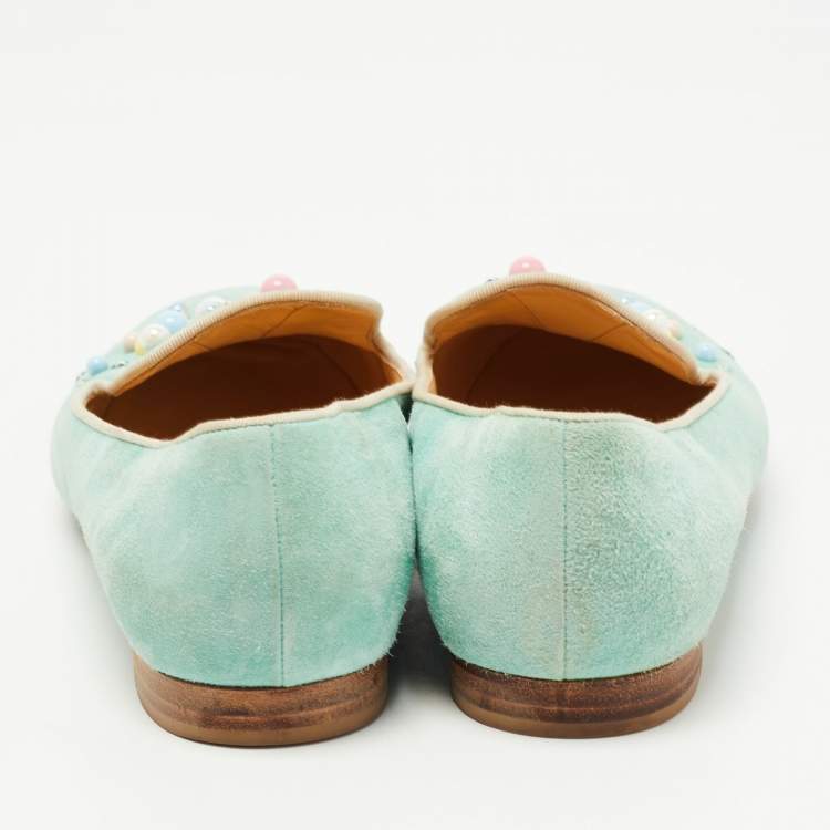 Pre Owned Christian Louboutin Green Suede Candy Studded Smoking Slippers Size 39