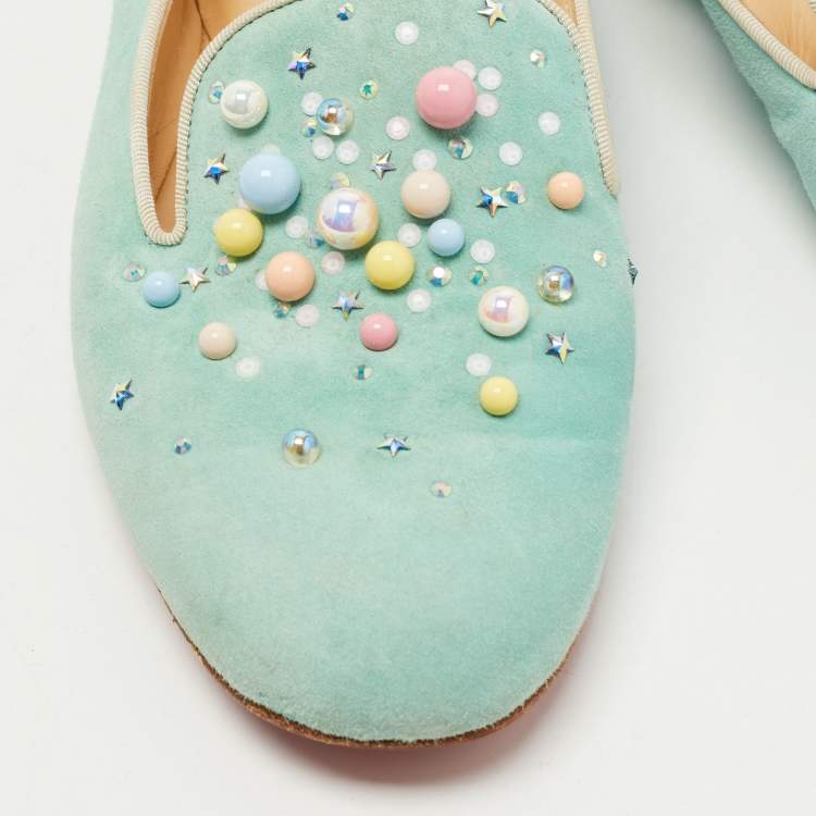 Pre Owned Christian Louboutin Green Suede Candy Studded Smoking Slippers Size 39