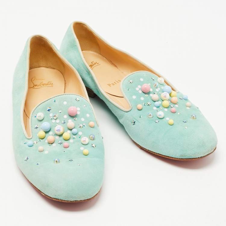 Pre Owned Christian Louboutin Green Suede Candy Studded Smoking Slippers Size 39