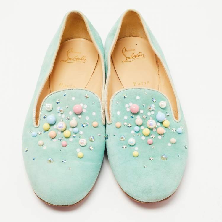 Pre Owned Christian Louboutin Green Suede Candy Studded Smoking Slippers Size 39