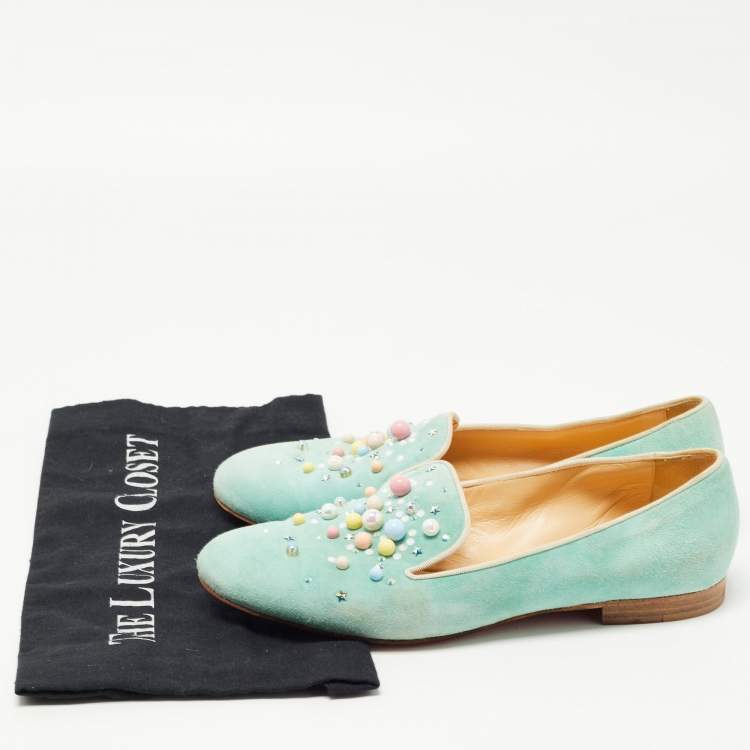 Pre Owned Christian Louboutin Green Suede Candy Studded Smoking Slippers Size 39