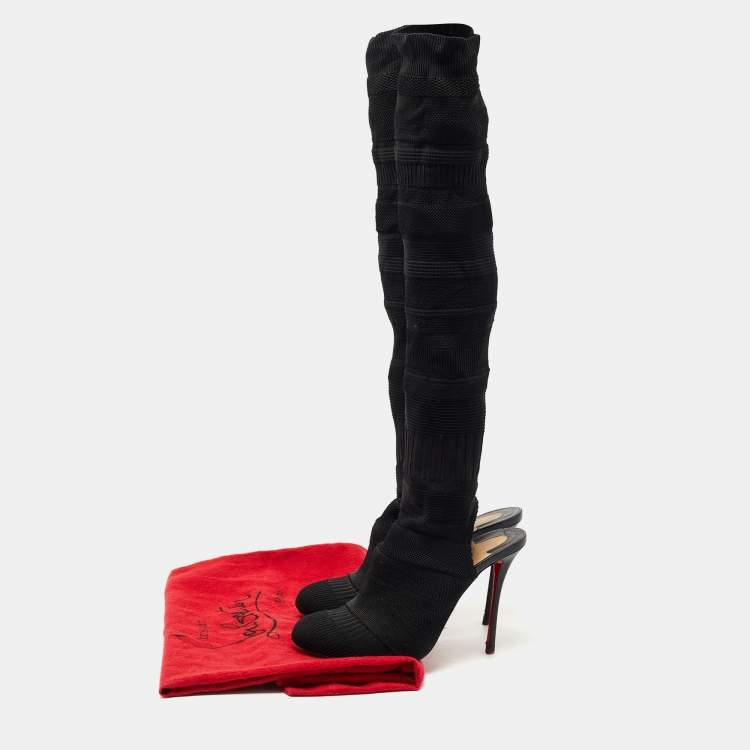 Pre Owned Christian Louboutin Black Knit Fabric Sock Thigh High Boots Size 41