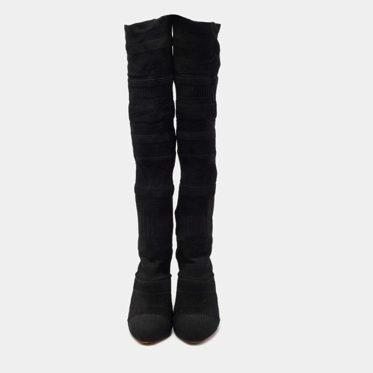 Pre Owned Christian Louboutin Black Knit Fabric Sock Thigh High Boots Size 41