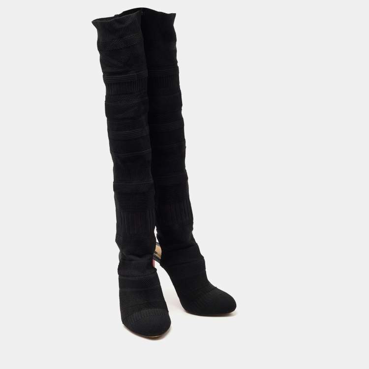 Pre Owned Christian Louboutin Black Knit Fabric Sock Thigh High Boots Size 41