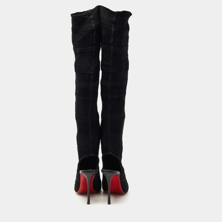 Pre Owned Christian Louboutin Black Knit Fabric Sock Thigh High Boots Size 41