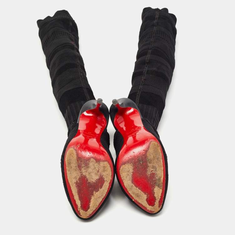 Pre Owned Christian Louboutin Black Knit Fabric Sock Thigh High Boots Size 41