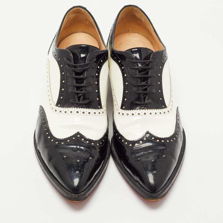 Pre Owned Christian Louboutin Black/White Brogue Patent Leather Zazou Oxfords Size 40