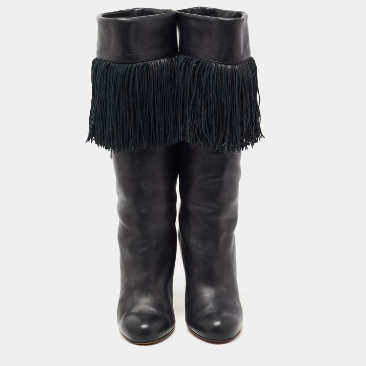 Pre Owned Christian Louboutin Black Leather Majung Mid Calf Boots Size 40