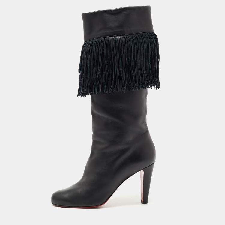 Pre Owned Christian Louboutin Black Leather Majung Mid Calf Boots Size 40