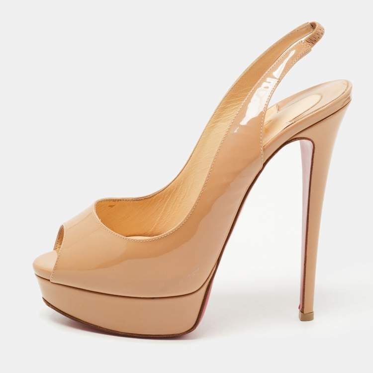 Pre Owned Christian Louboutin Beige Patent Lady Peep Slingback Sandals Size 38