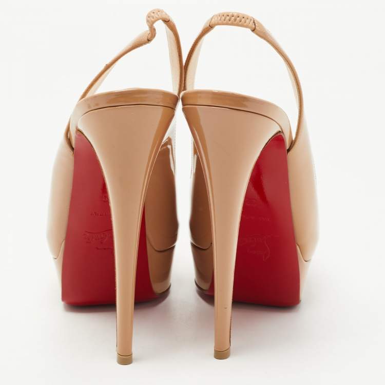 Pre Owned Christian Louboutin Beige Patent Lady Peep Slingback Sandals Size 38