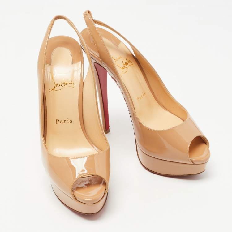 Pre Owned Christian Louboutin Beige Patent Lady Peep Slingback Sandals Size 38