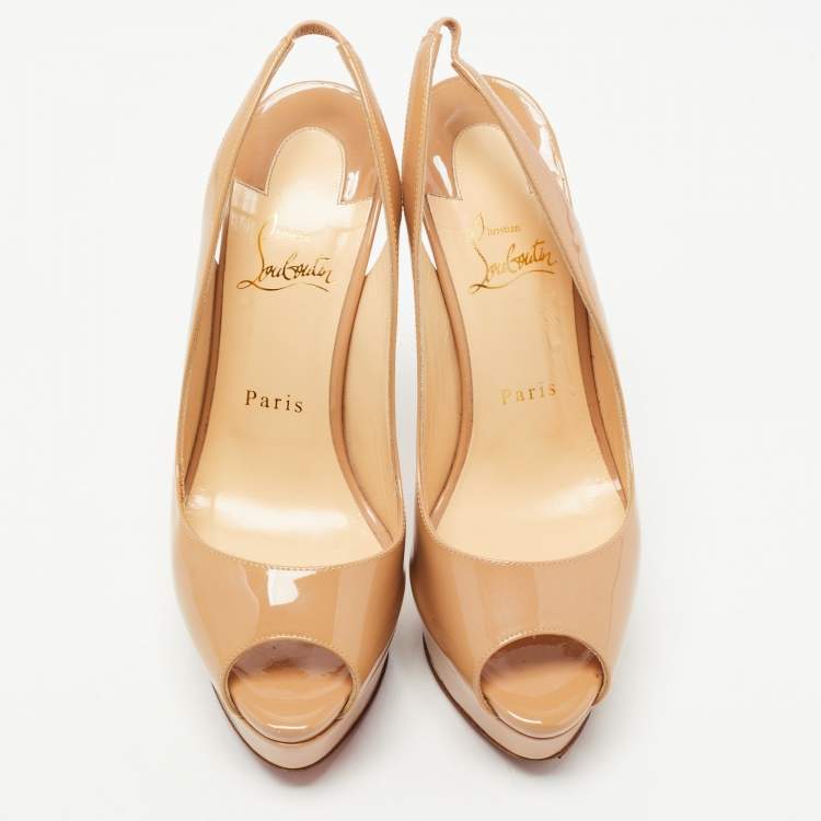 Pre Owned Christian Louboutin Beige Patent Lady Peep Slingback Sandals Size 38