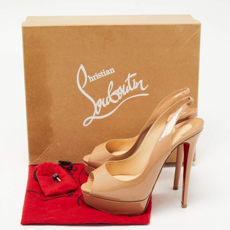 Pre Owned Christian Louboutin Beige Patent Lady Peep Slingback Sandals Size 38