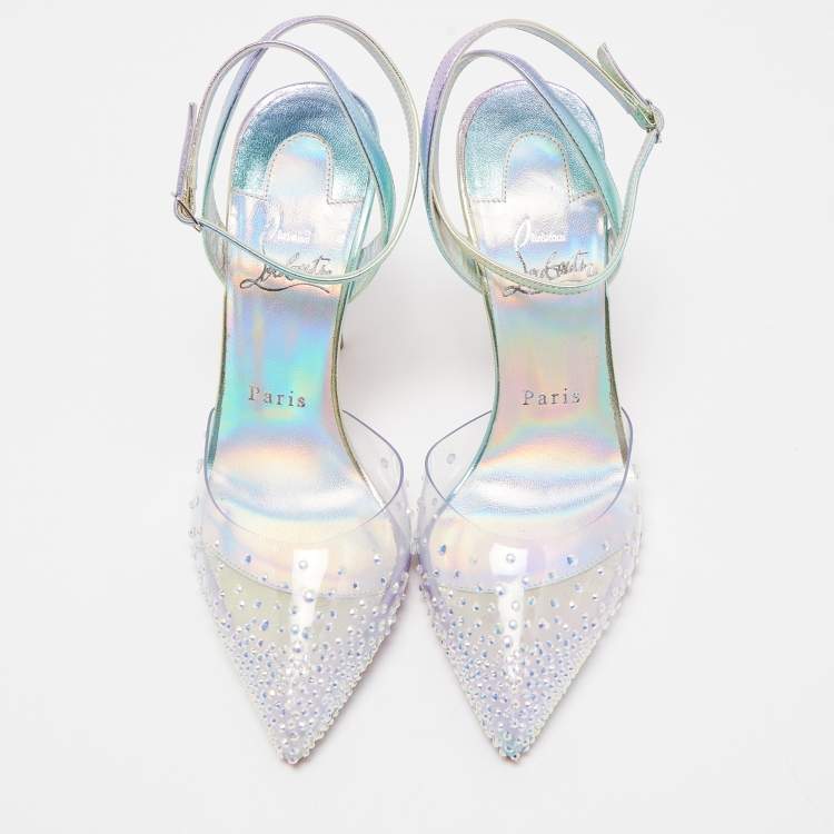 Pre Owned Christian Louboutin Iridescent Blue PVC and Leather Spikaqueen Ankle Strap Pumps Size 37