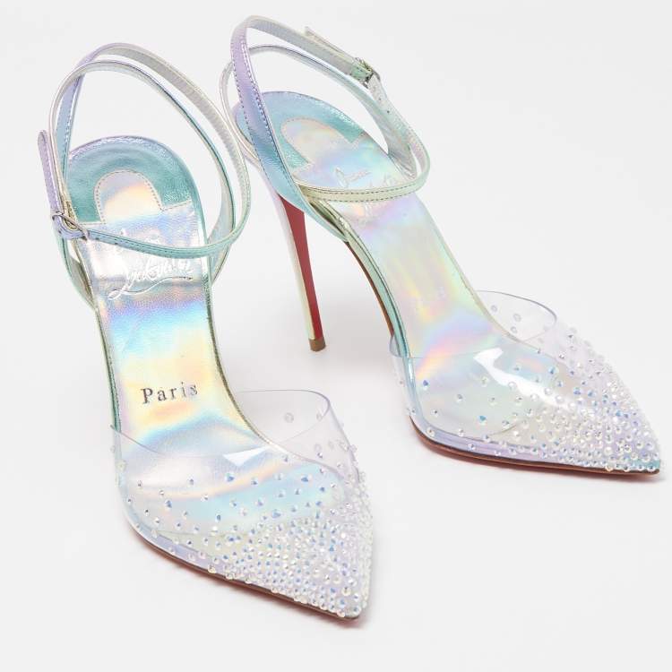 Pre Owned Christian Louboutin Iridescent Blue PVC and Leather Spikaqueen Ankle Strap Pumps Size 37