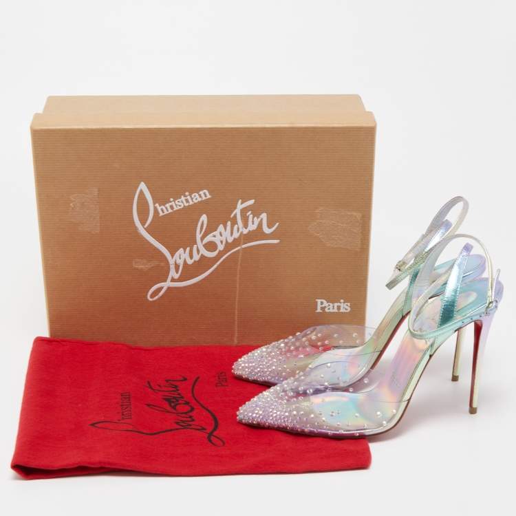 Pre Owned Christian Louboutin Iridescent Blue PVC and Leather Spikaqueen Ankle Strap Pumps Size 37