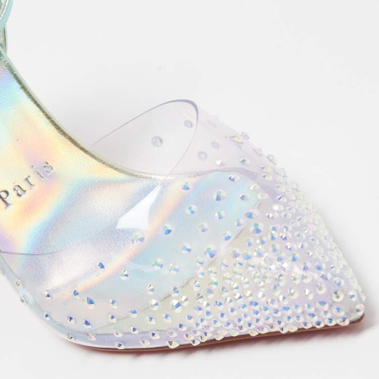 Pre Owned Christian Louboutin Iridescent Blue PVC and Leather Spikaqueen Ankle Strap Pumps Size 37