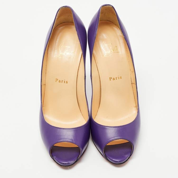 Pre Owned Christian Louboutin Purple Leather Flo Peep Toe Pumps Size 39.5
