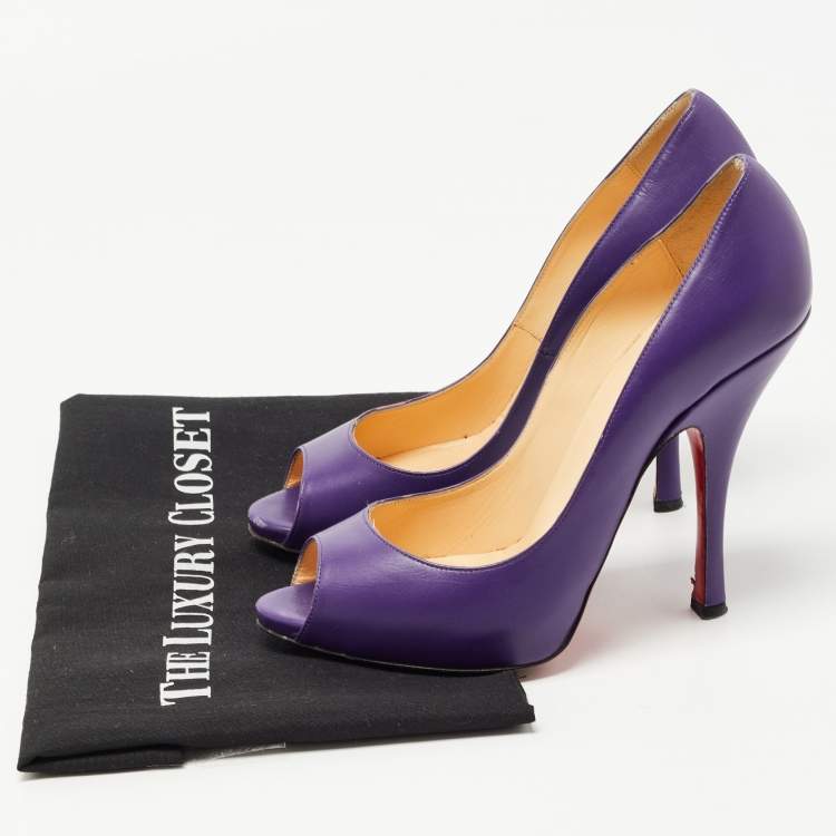 Pre Owned Christian Louboutin Purple Leather Flo Peep Toe Pumps Size 39.5