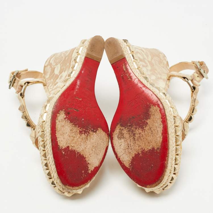 Pre Owned Christian Louboutin Beige Leather Studded Pyraclou Espadrille Platform Wedge Sandals Size 38