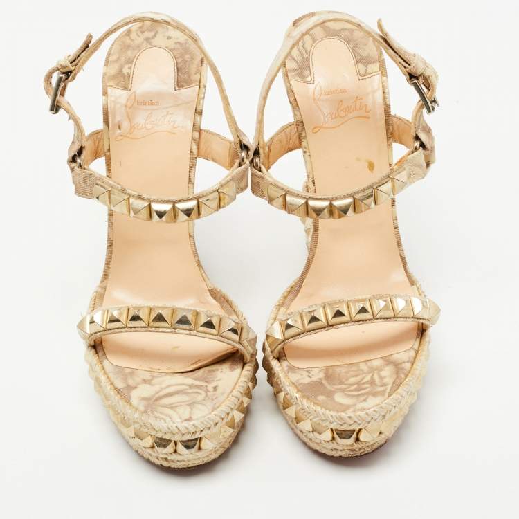 Pre Owned Christian Louboutin Beige Leather Studded Pyraclou Espadrille Platform Wedge Sandals Size 38
